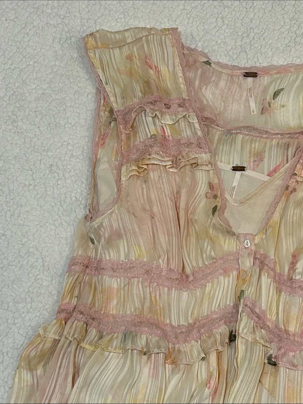 Free People Spring Fling Mini Dress in Tea Combo sz Small Yellow Pink Lace - Picture 4 of 16